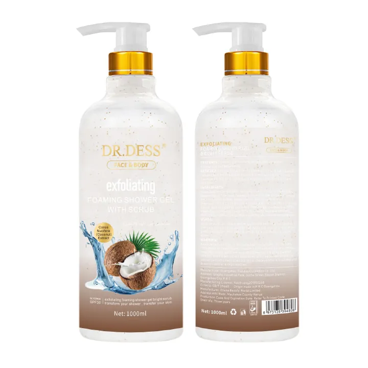 DR.DESS  Coconut  Exfoliating Foaming Shower gel with Scrub 1000ml Soothing and Cleansing promote elasticity Skin Protection