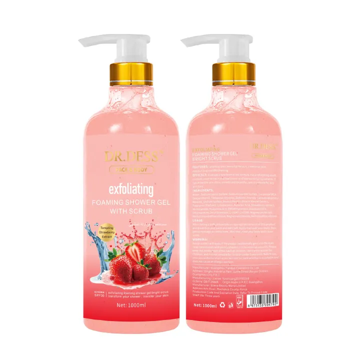 DR.DESS  Strawberry Exfoliating Foaming Body Shower Gel with Scrub 1000ml hydrates and revitalizes skin exfoliate, and hydrate skin for a radiant, smoother appearance