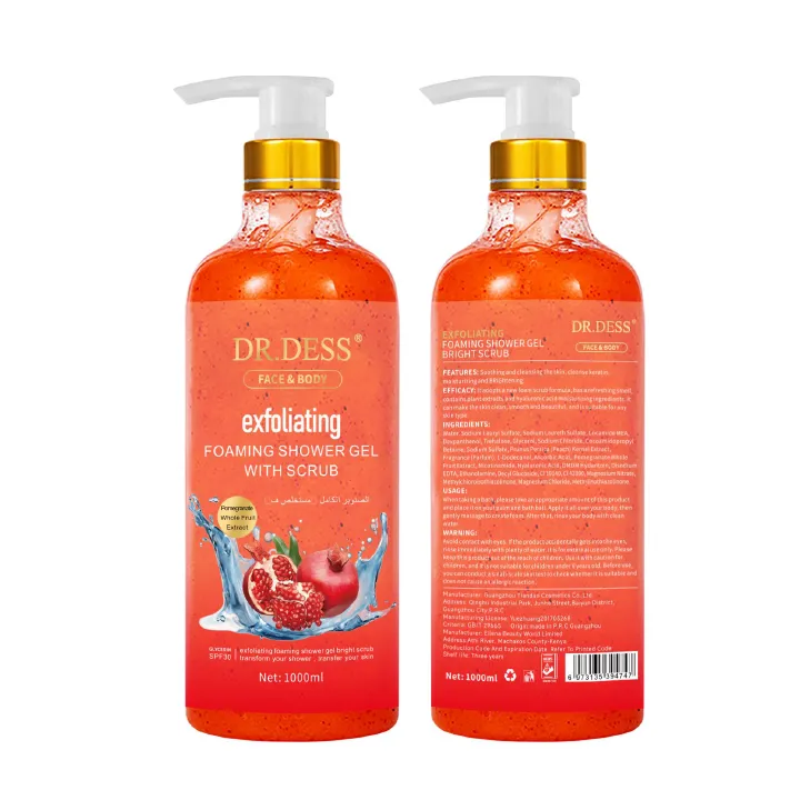 DR.DESS  Pomegranate Exfoliating Foaming Body Shower Gel with Scrub 1000ml energizes and refreshes your skin with a fruity scent