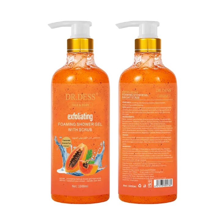DR.DESS Papaya Exfoliating Foaming Body Shower Gel with Scrub 1000ml removes dead skin cells and promote a radiant, even skin tone