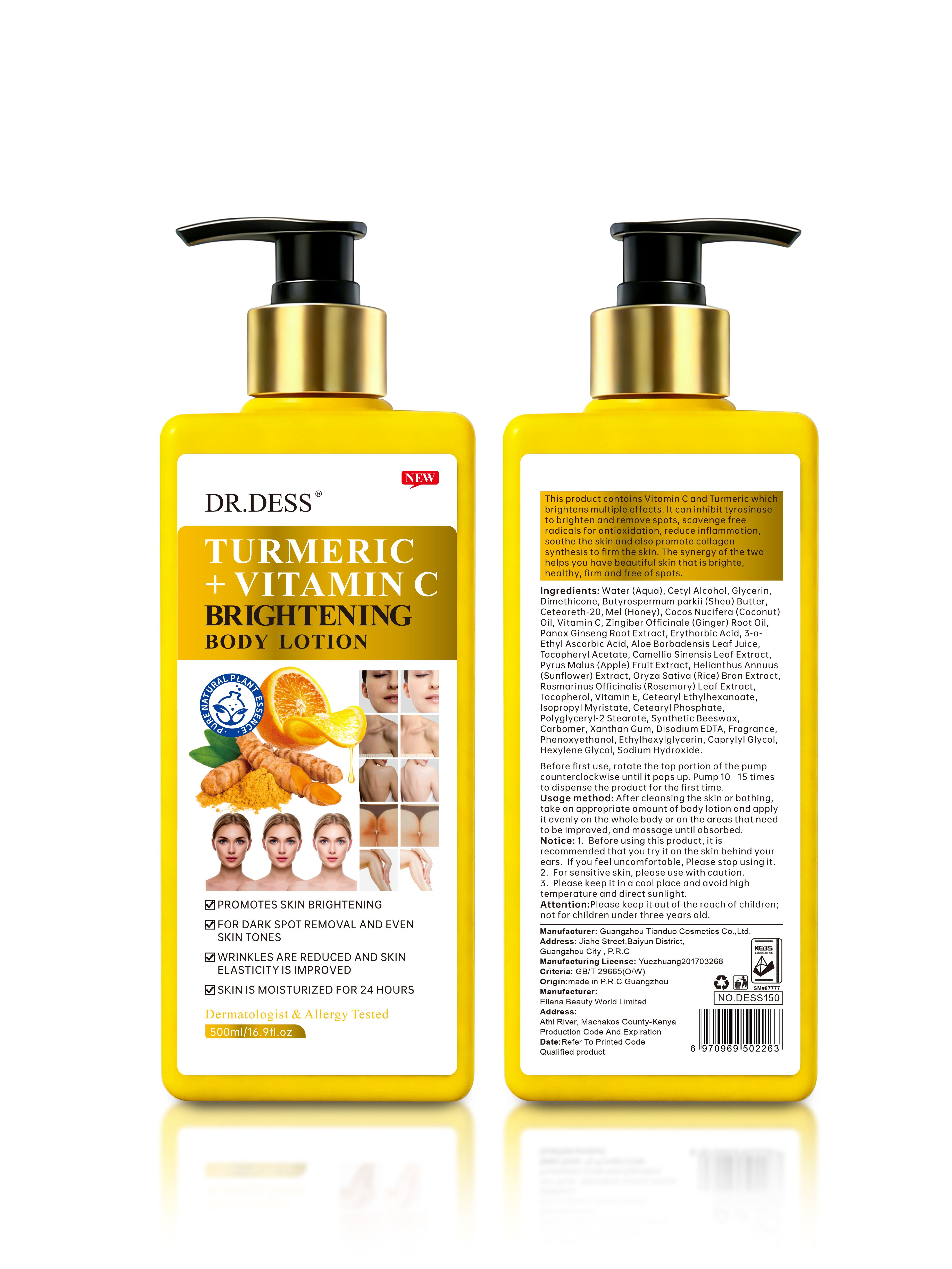Dr. Dess Turmeric Vitamin C Brightening Body Lotion 500ml brightens skin, fades dark spots, and evens skin tone Skin Moisturization