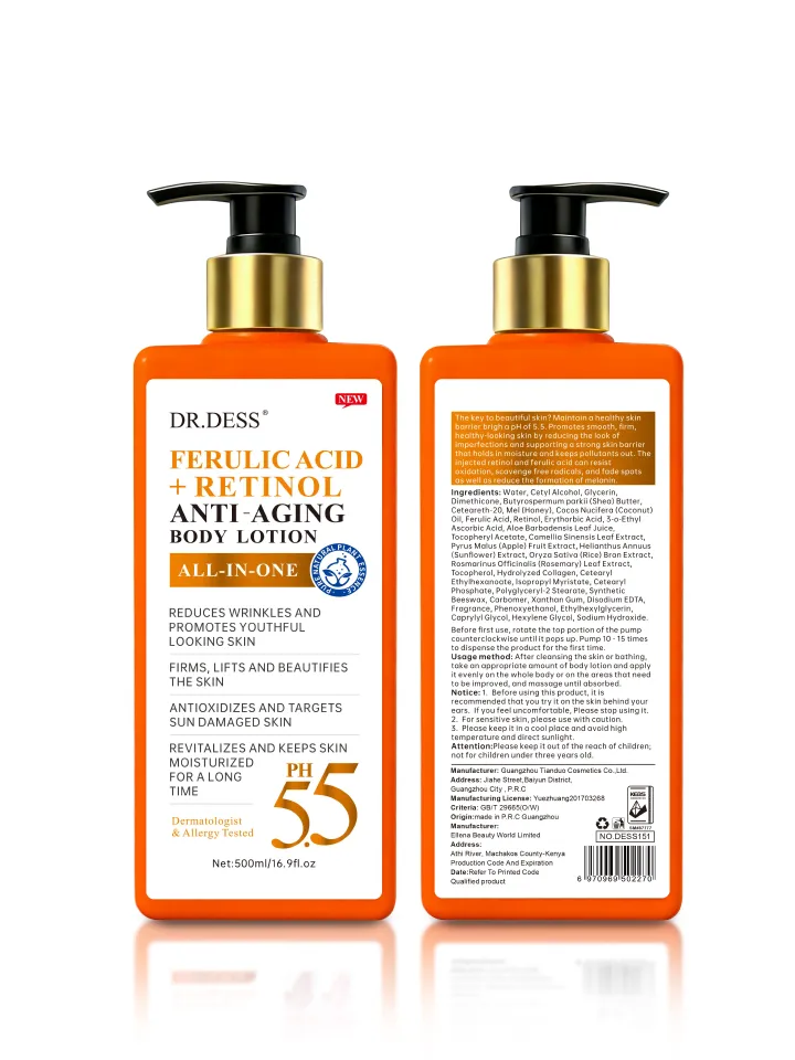 Dr. Dess Ferulic Retinol Anti Aging Body Lotion 500ml significantly reduce wrinkles, fine lines, and sun damage enhances skin texture deep hydration