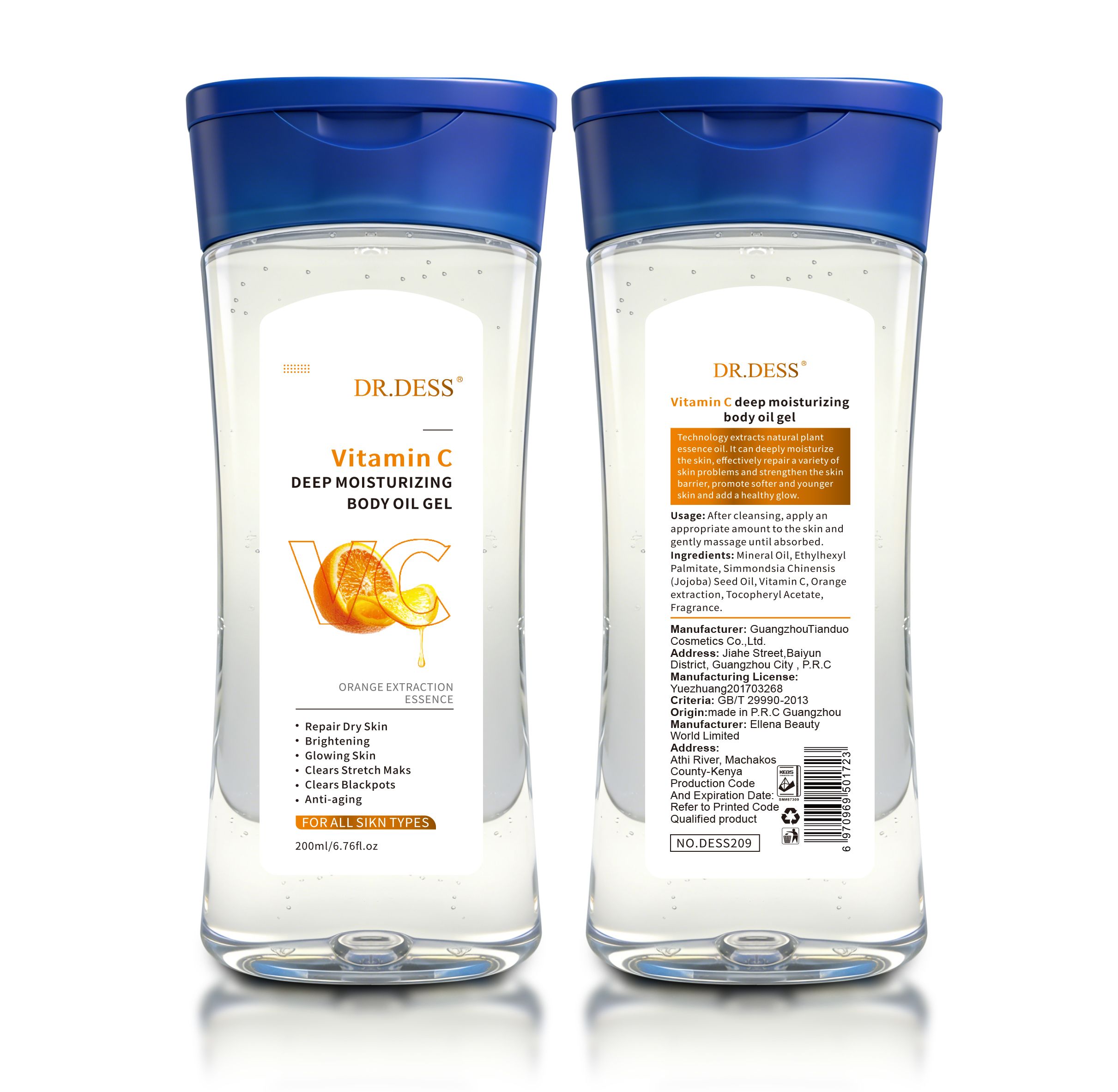 DR.DESS  Vitamin C Moisturizing Body Oil Gel 200ml Clears Stretch Marks Anti Aging Brighten Firms the Skin