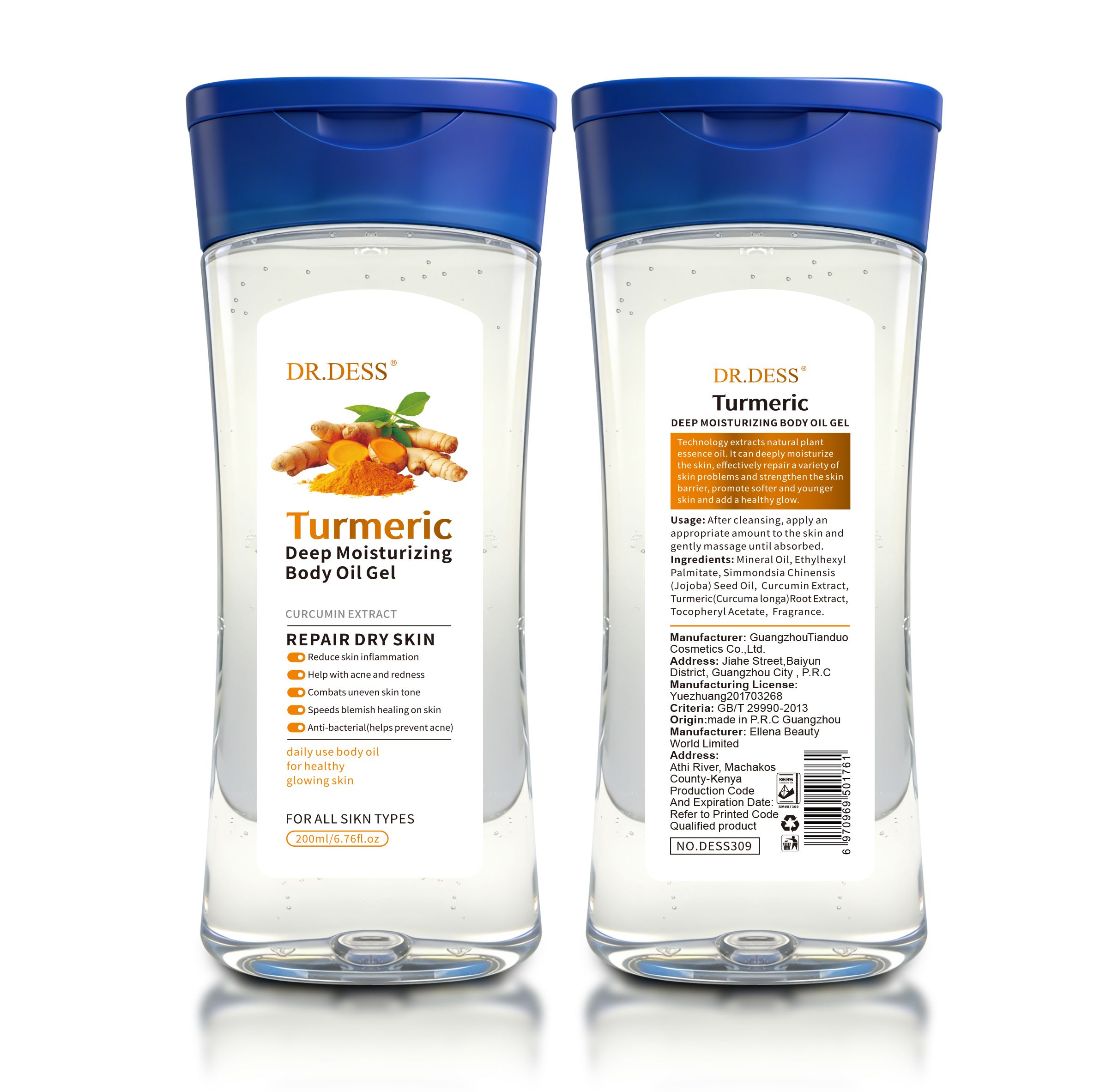 DR.DESS  Turmeric moisturizing Body Oil Gel 200ml Non Sticky Easy Absorb and Deeply Hydrating