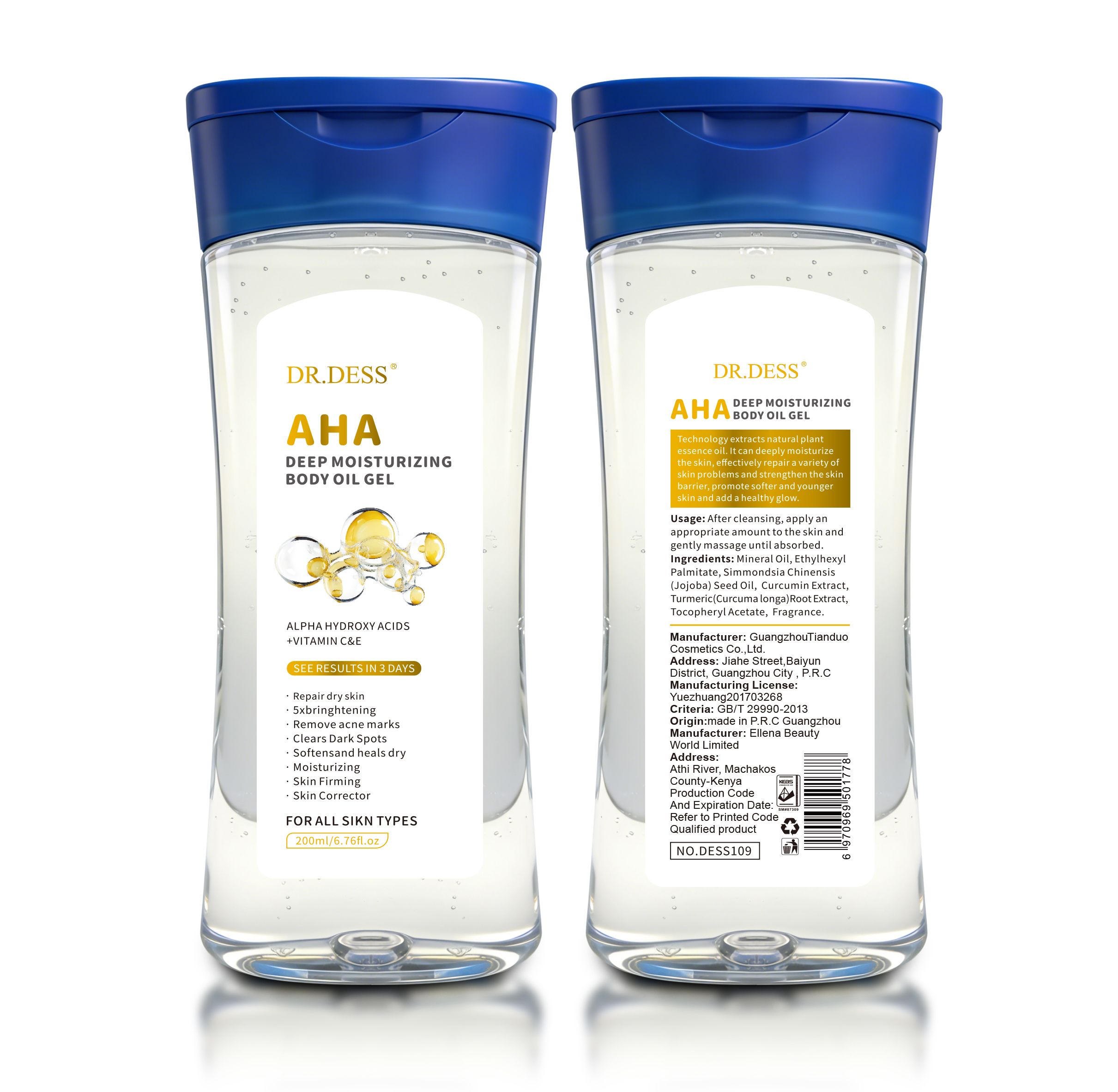 DR.DESS  AHA Moisturizing Body Oil Gel 200ml Repairs Dry Skin Skin Firming Brightening Clears Dark spots