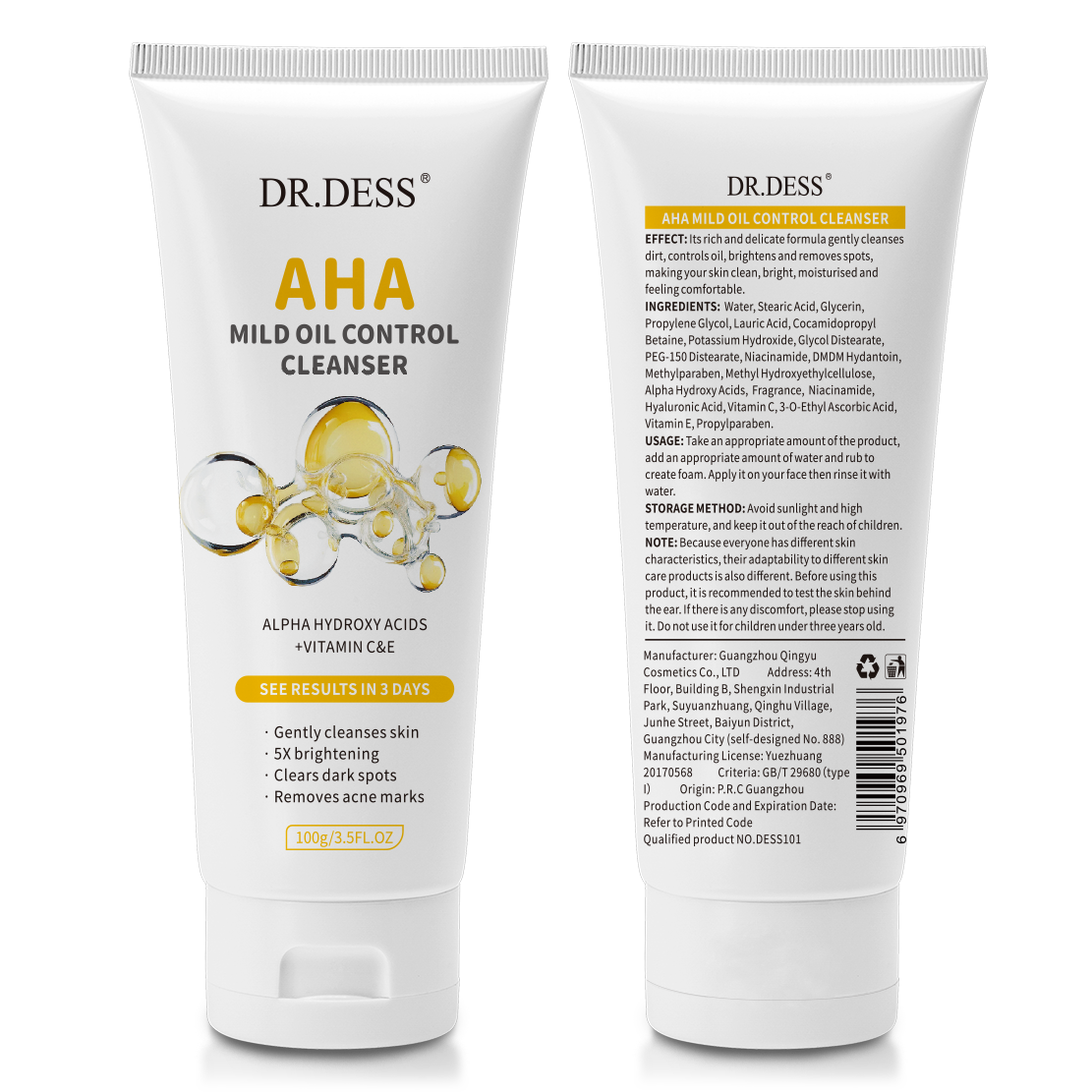 DR.DESS  AHA Face Cleanser removes dead skin cells and deep clean pores to brighten and smooth the skin Anti Aging and Fade Dark spots