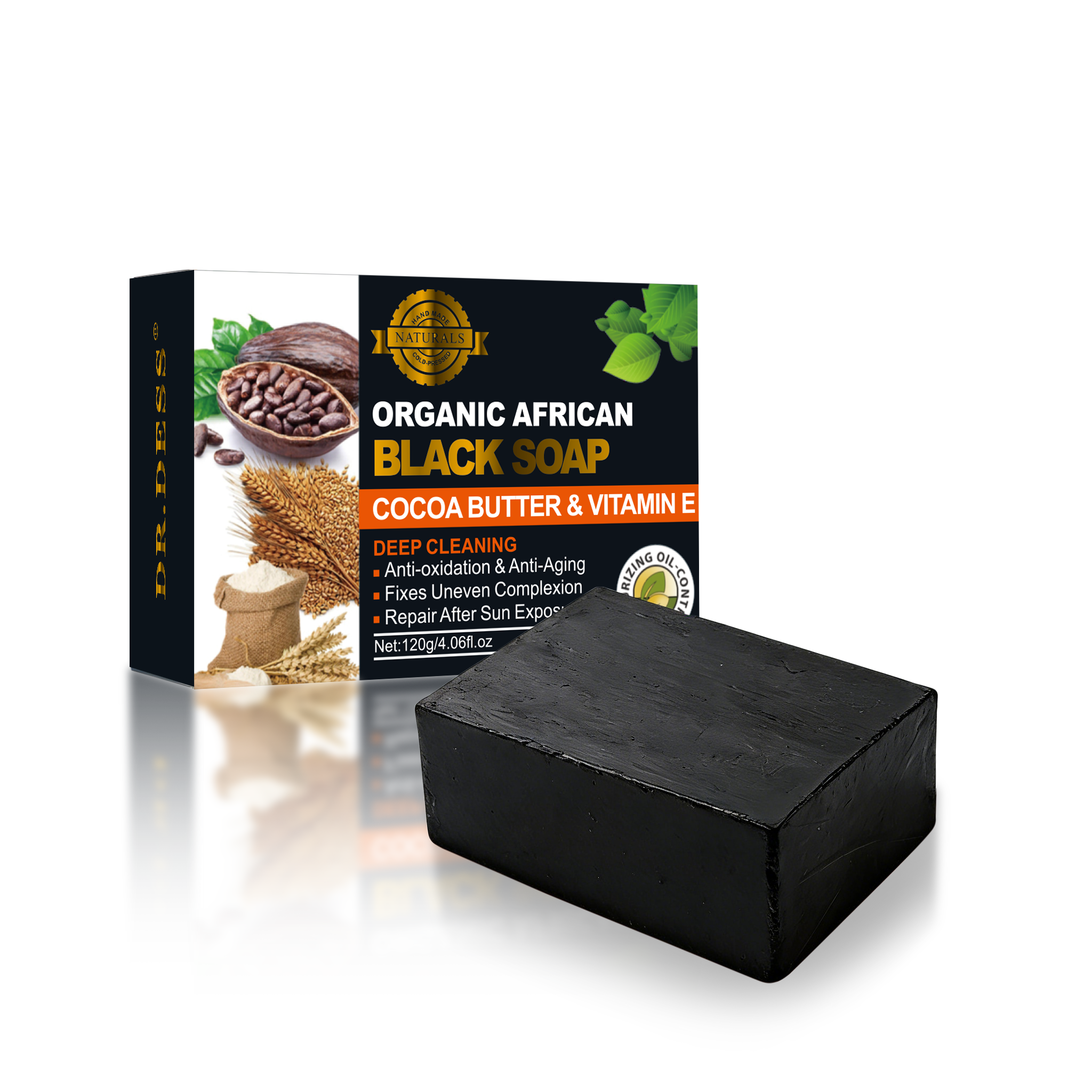 DR.DESS  Organic African Black Soap Cocoa Butter and Vitamin E Deep Cleansing Anti-Oxidation Fixes Uneven Skin Repairs After Sun Exposure