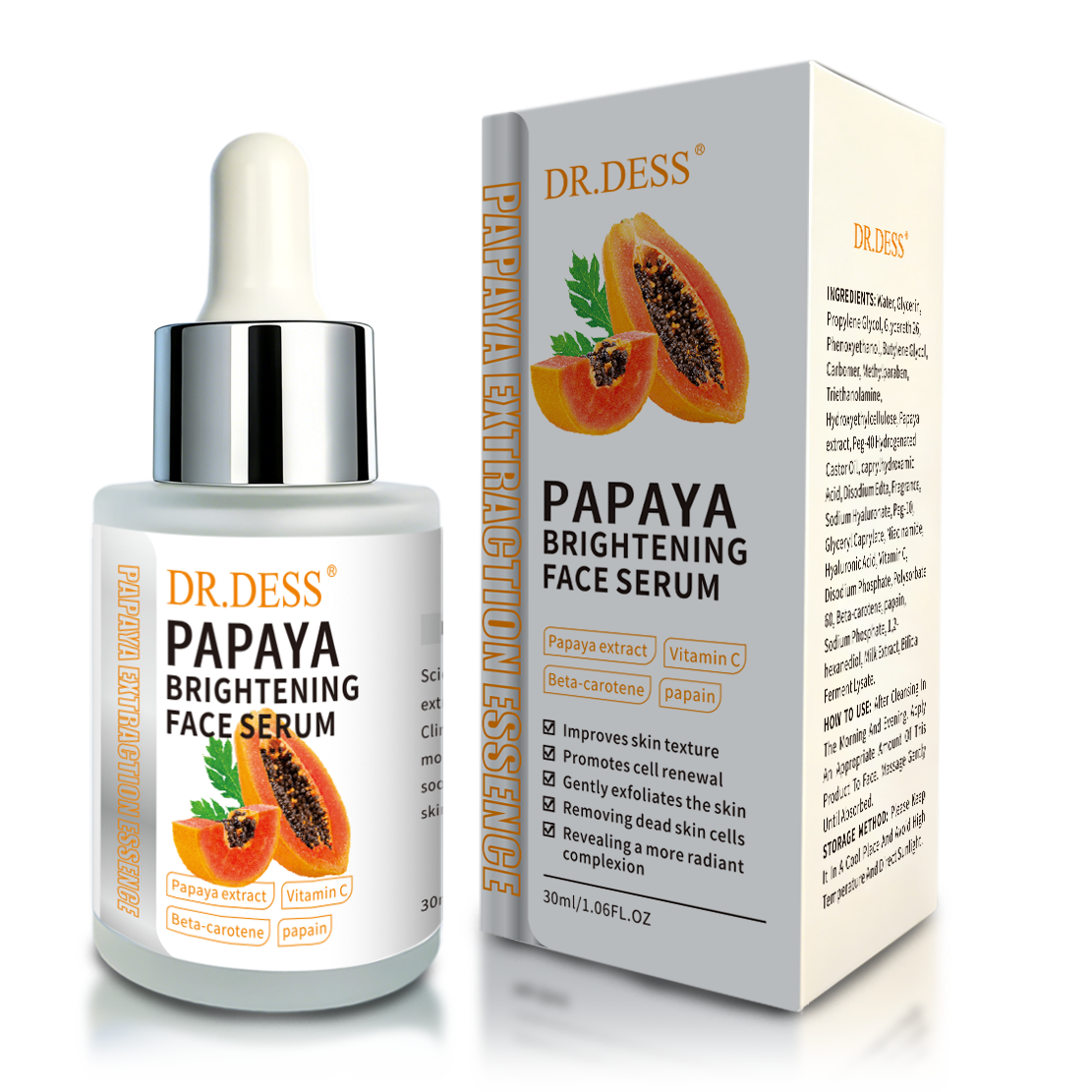 DR.DESS Papaya Brightening Face Serum Protects against Acne, Dark Spots, Freckles Reduces Skin Pigmentation and Anti Aging Facial Serum Oil Control 30ml