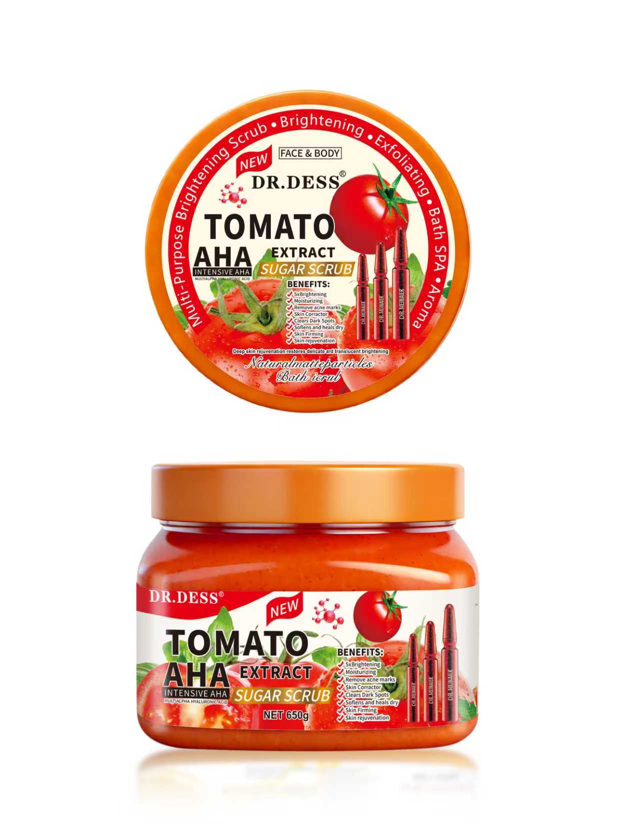 DR DESS Tomato Body Scrub Bath Brightening  Spa Scrub Exfoliating Sugar Scrub nutrient-rich treatment for exfoliating, brightening, and removing excess oil reduces dark spots, acne, and blackheads