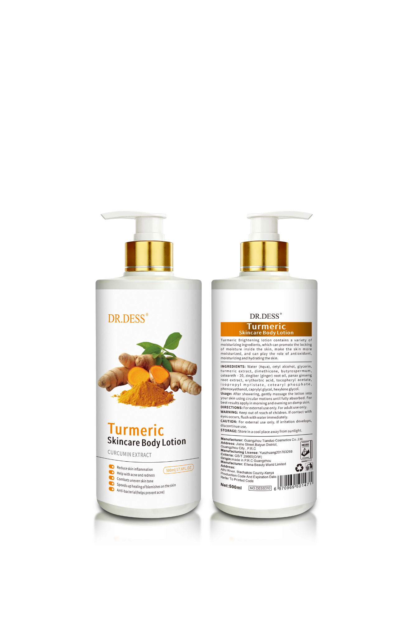 DR.DESS  Turmeric Body Lotion Anti-Inflammatory and Soothing, Treats Acne, Deep Hydration  lock in moisture, treating dry, dull, or flaky skin, leaving it soft and smooth 500ml