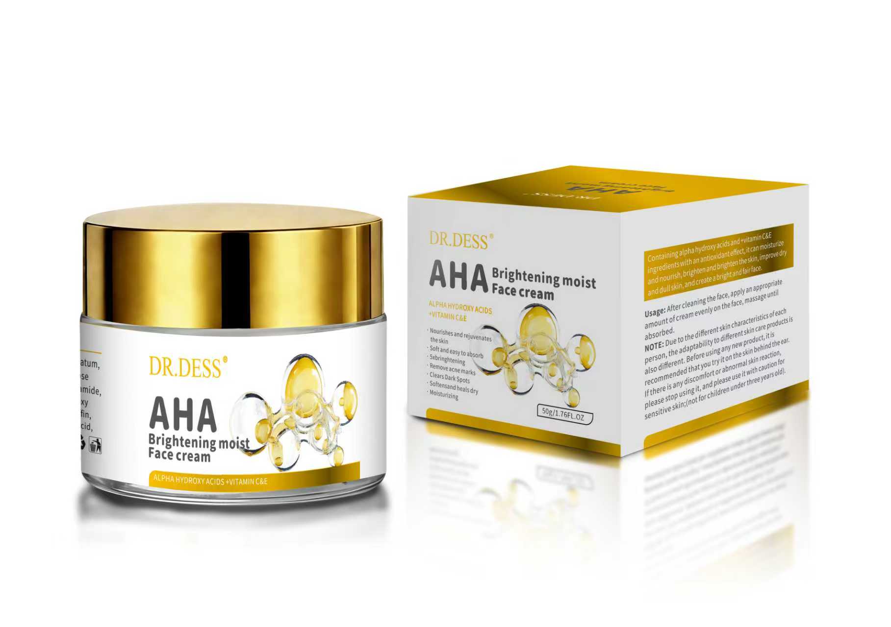 DR.DESS AHA Moisturizing Face Cream reduce fine lines, wrinkles, and acne while providing hydration and increasing collagen production Improves Product Absorption 50g