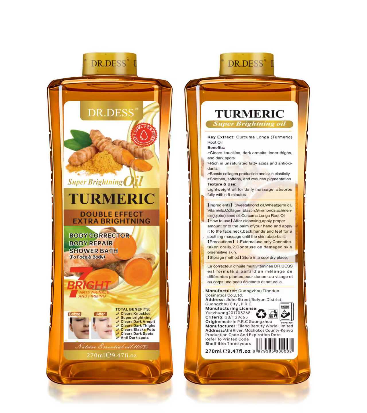 DR.DESS  Turmeric Body Oil Double Effect Brightening Oil Clear Dark Knuckles Brighten Dark Armpits Dark Thighs makes Skin Silky Smooth 270ml