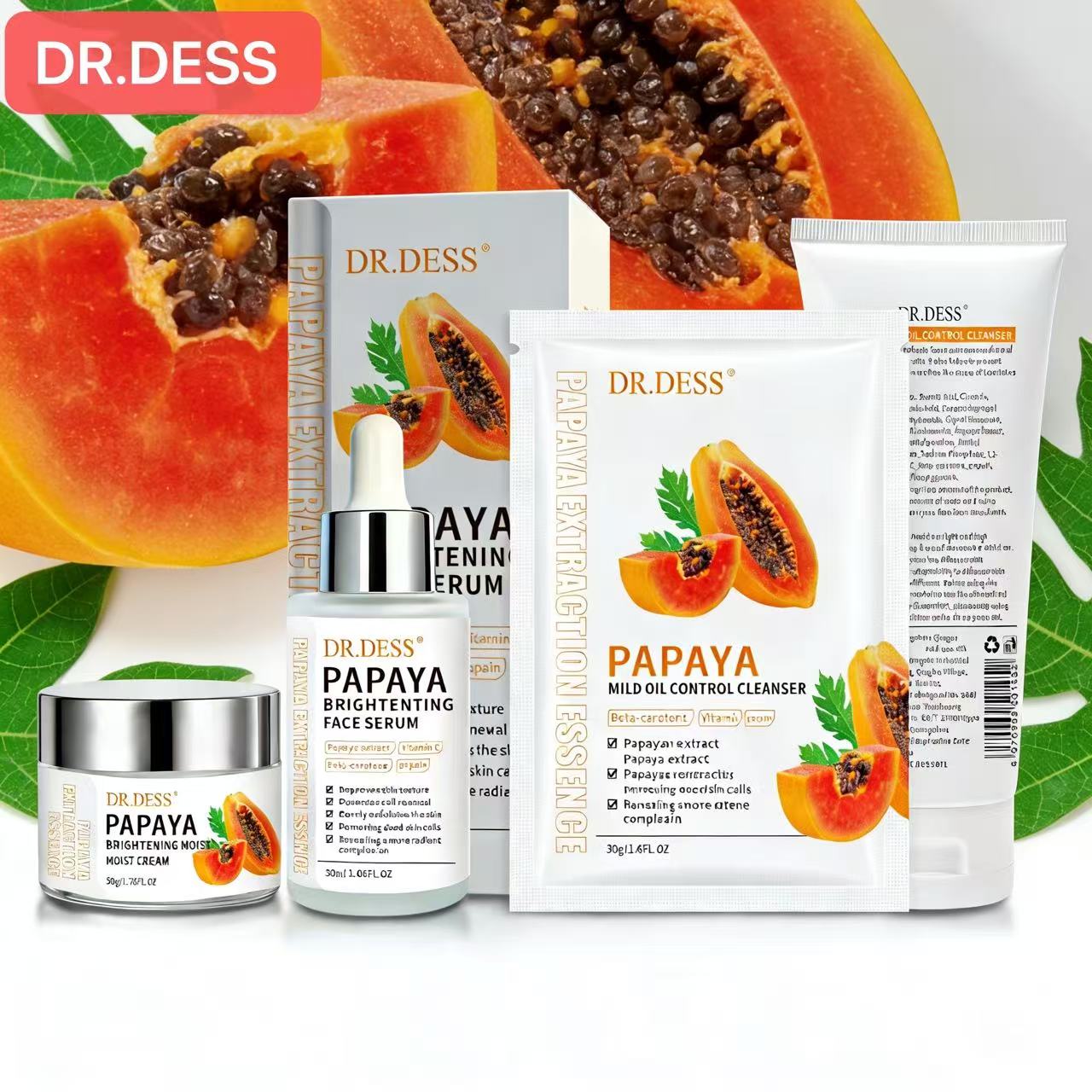 DR.DESS Papaya Skin Care Set Face Cleanser+ Serum+ Cream+ FREE 5PCS Face Mask Sheet Exfoliation and Smoothness gently removes dead skin cells, unclogs pores, and aids in cell renewal for a smooth Skin