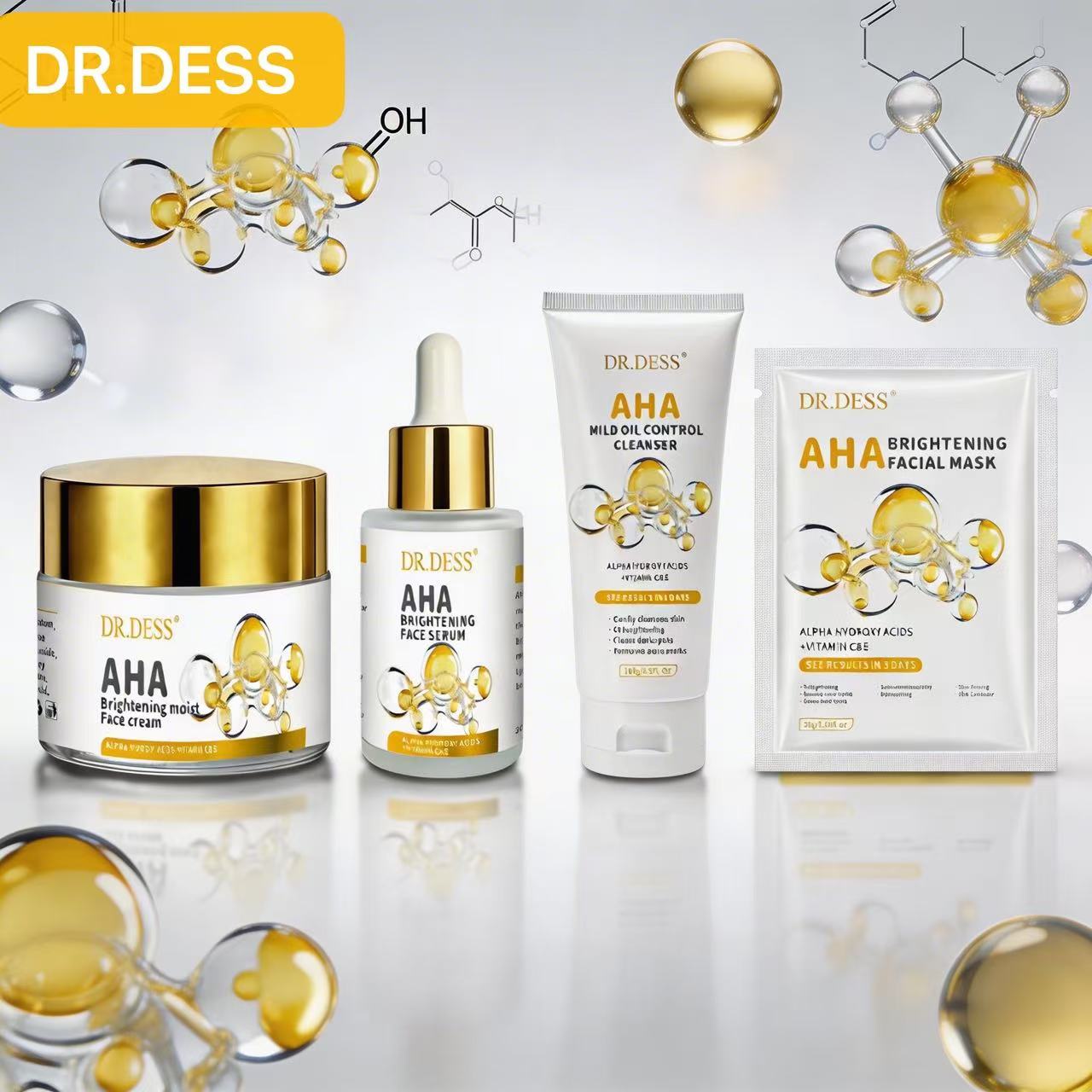 DR.DESS AHA Face Skin Care Set Face Cleanser + Serum+ Cream + FREE 5PC Mask Improves Product Absorption By removing dead skin cell build-up, AHA  allow serums and moisturizers to penetrate more fast