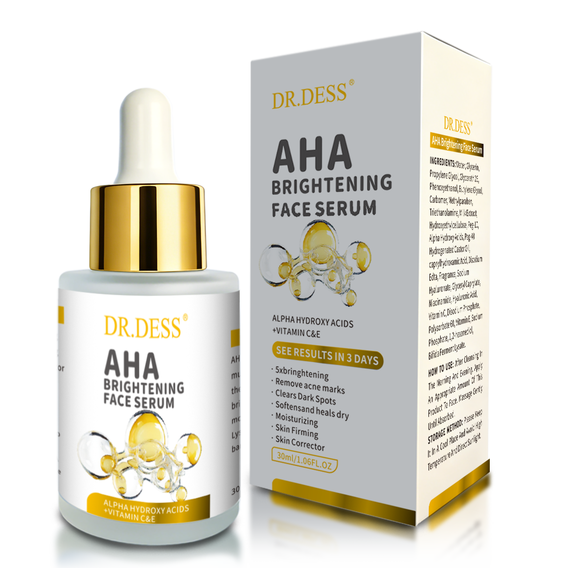 DR.DESS AHA Face Skin Care Set Face Cleanser + Serum+ Cream + FREE 5PC Mask Improves Product Absorption By removing dead skin cell build-up, AHA  allow serums and moisturizers to penetrate more fast
