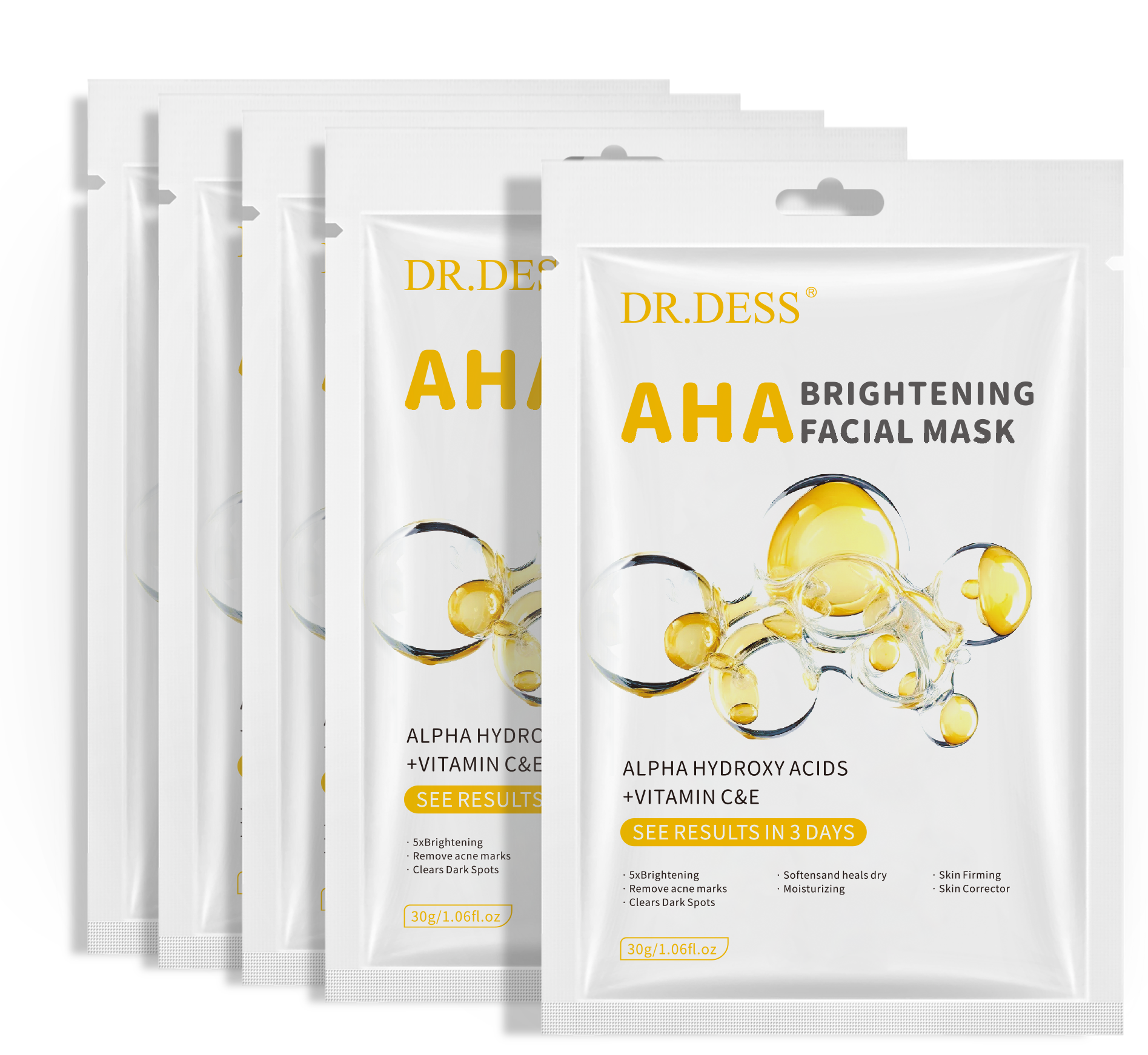 DR.DESS AHA Face Skin Care Set Face Cleanser + Serum+ Cream + FREE 5PC Mask Improves Product Absorption By removing dead skin cell build-up, AHA  allow serums and moisturizers to penetrate more fast