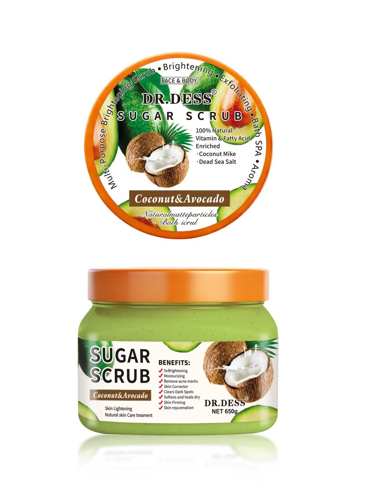 DR.DESS Coconut & Avocado  Sugar Body Scrub Bath Brightening Exfoliating Bath Spa  Sugar Scrub Softens improve circulation, and leave skin smooth, bright, and refreshed 550g