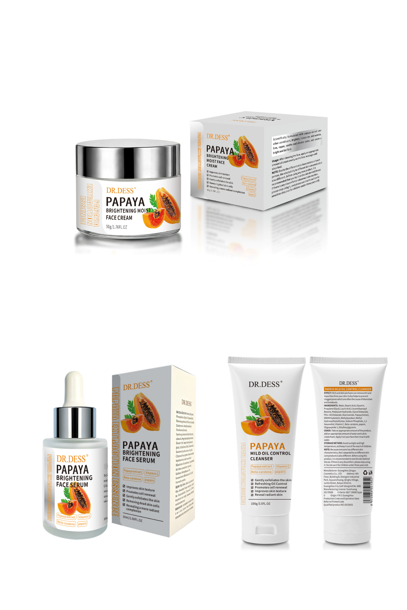 DR.DESS  3 in 1  PAPAYA FACIAL SKIN CARE cleanser, serum and face cream