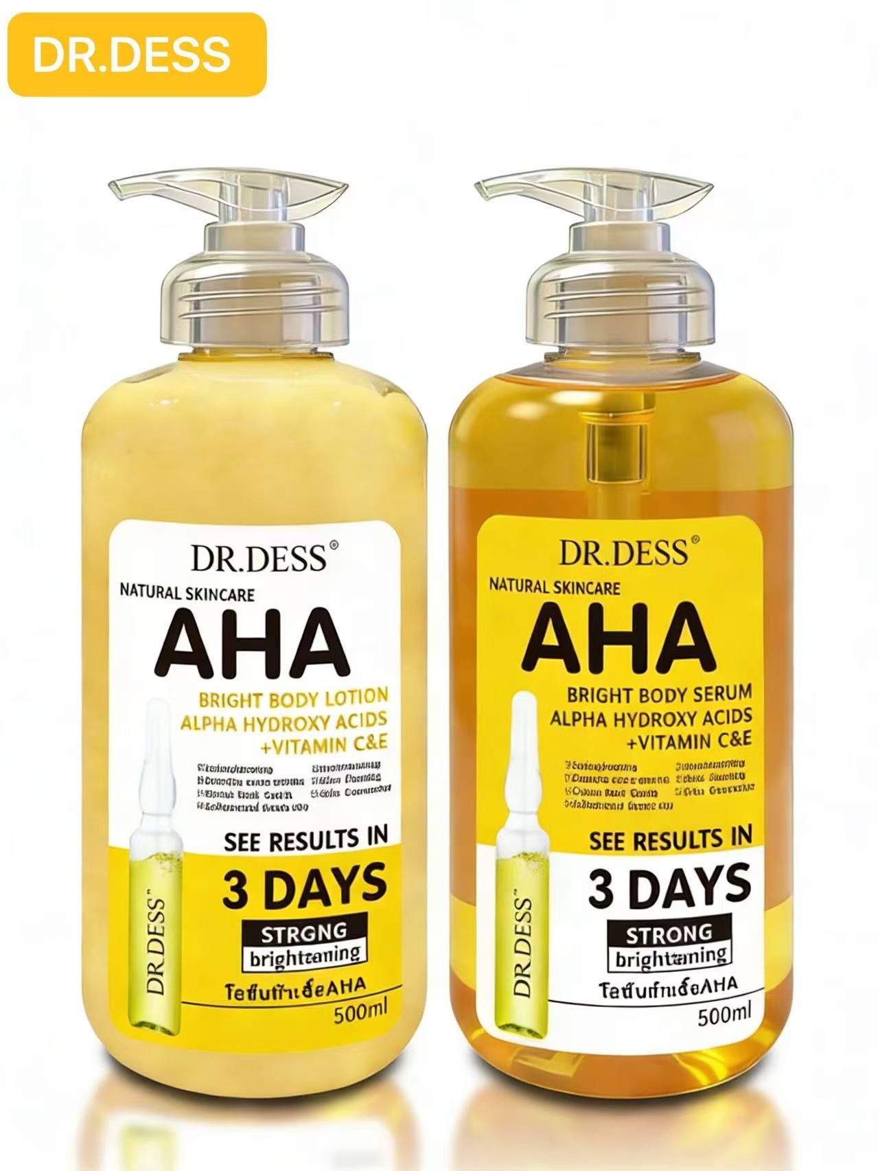 DR.DESS 2 IN 1 AHA Bright Body Lotion and AHA Bright Body Serum Infused with Vitamin C and E Moisturizes Skin Firming Brightening Removes Acne and Dark Spots 500ml