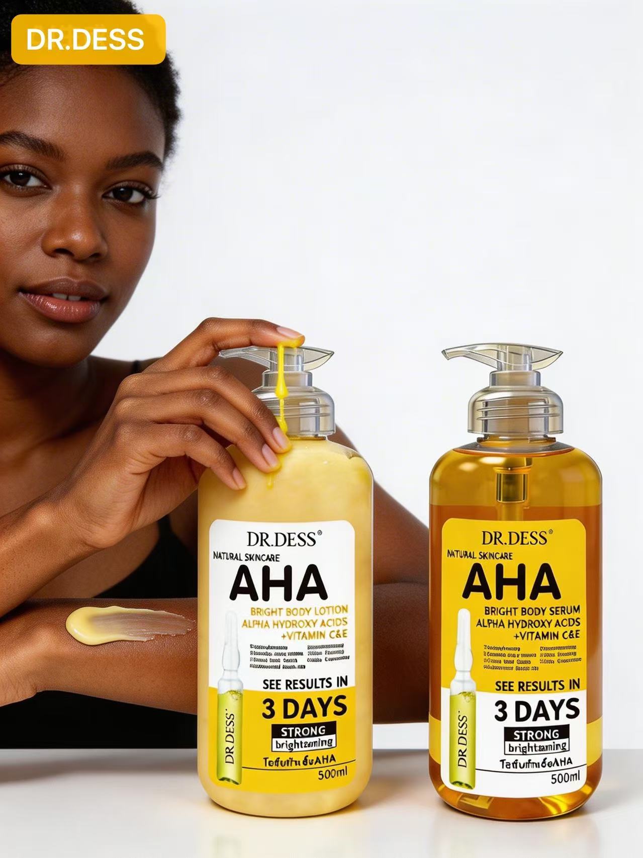 DR.DESS 2 IN 1 AHA Bright Body Lotion and AHA Bright Body Serum Infused with Vitamin C and E Moisturizes Skin Firming Brightening Removes Acne and Dark Spots 500ml