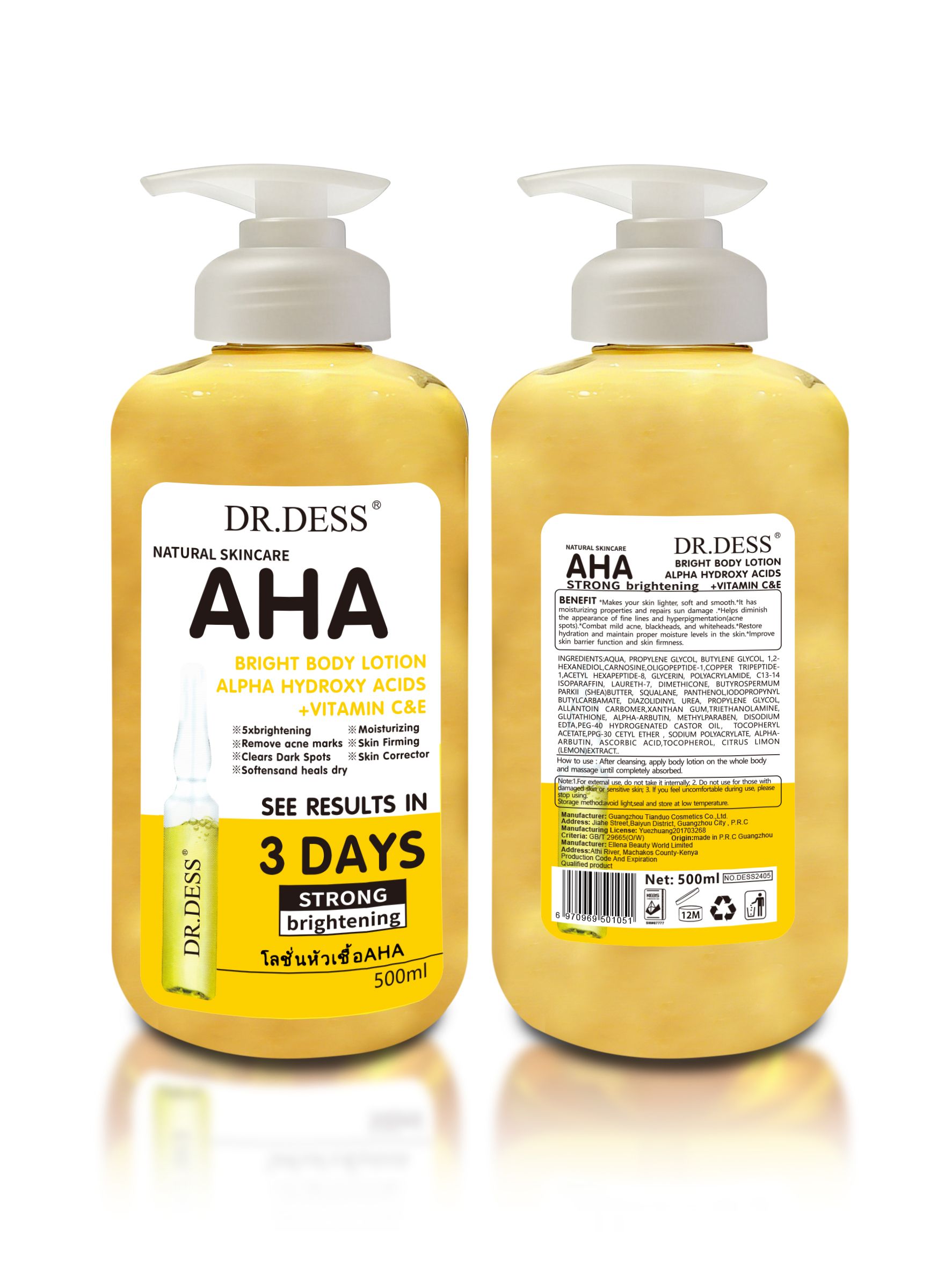 DR.DESS 2 IN 1 AHA Bright Body Lotion and AHA Bright Body Serum Infused with Vitamin C and E Moisturizes Skin Firming Brightening Removes Acne and Dark Spots 500ml
