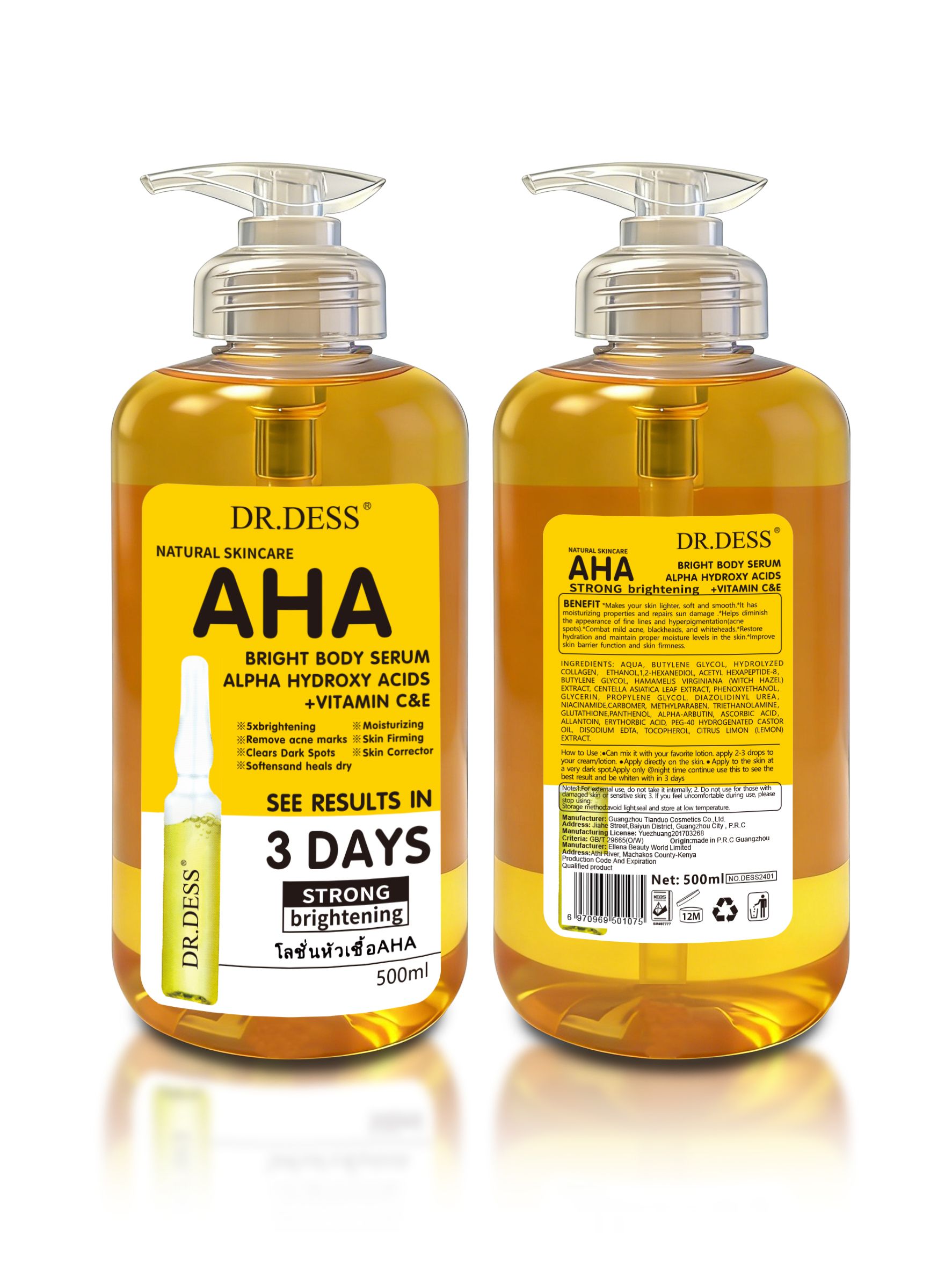 DR.DESS 2 IN 1 AHA Bright Body Lotion and AHA Bright Body Serum Infused with Vitamin C and E Moisturizes Skin Firming Brightening Removes Acne and Dark Spots 500ml