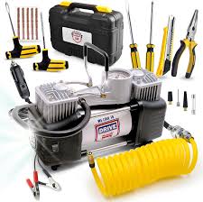 🥭2-Cylinder Air Compressor Portable Tire Inflator Pump with Jump starter an7d puncture tire repair tool kit- Heavy-Duty for cars, motorcycles, bicycle, / suvs / trucks bike.🥭🌽Has a portable case wi