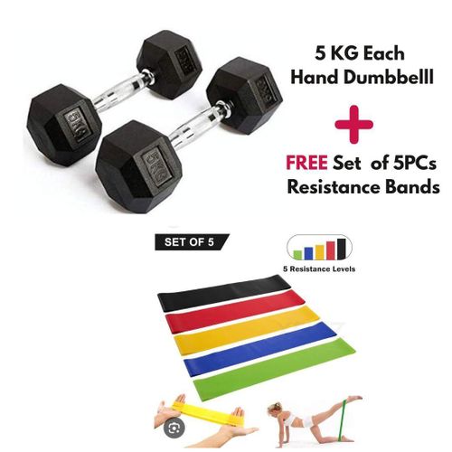 ✔️Perfect Combo ✔️Pair (2pcs) 5KG Hexagonal Dumbell (5KG each Hand) for Strength Training Plus 5PCs Set Exercise Bands