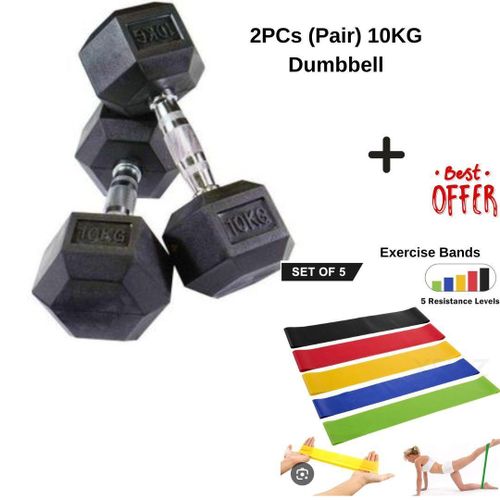 🤑🤠Fitness to behold🤠🤑Pair (2pcs) 10KG Hexagonal Dumbell (10KG each Hand) Plus Free 5PCs Exercise Resistance Bands