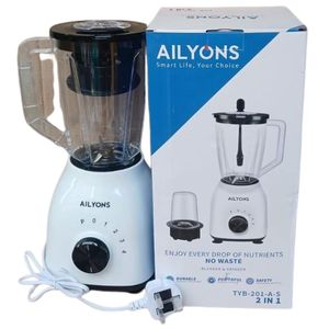 🌽🤑Powerful Blender🌽🤑AILYONS Blender 2 In 1 With Grinder Machine 1.5L-WHITE- Approved.1.5L
off switch with 2 speed switches pulse switch 
the stainless steel blades
Leak resistant lid 
durable pure