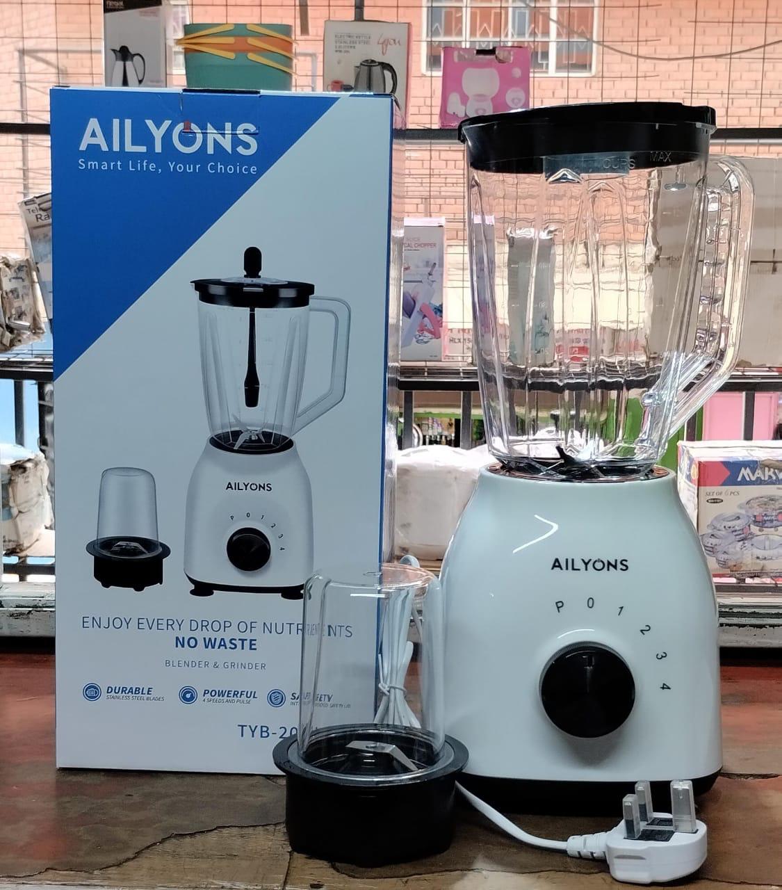 🌽🤑Powerful Blender🌽🤑AILYONS Blender 2 In 1 With Grinder Machine 1.5L-WHITE- Approved.1.5L
off switch with 2 speed switches pulse switch 
the stainless steel blades
Leak resistant lid 
durable pure