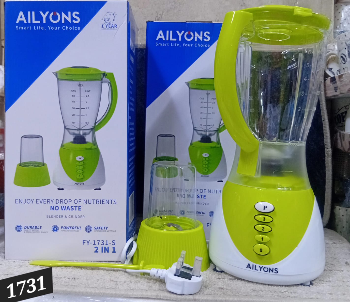 AILYONS FY-1731 Blender 2 In 1 With Grinder Machines 1.5L - White & Green.Material: ABS Plastic
Unbreakable Jar
Non-slip rubber feet
3 speeds and manual function
2 in 1 blender mill 100%
Full copper m