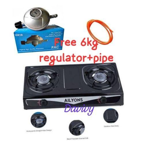 AILYONS Auto Ignition Table Top Double Burner Gas Stove Cooker + FREE 1M Pipe & 6kg Regulator - Dark.Stainless steel body for durability & easy cleaning. Efficient burner for economic gas consumption