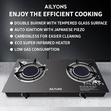 🍊Your Best Solution 🍊AILYONS nfrared Auto Ignition Tampered Glass Gas Stove Cooker Two Burner-Tempered glass surface : Very easy to clean 30% infrared heater : Saving 30% gas Reduced carbon footpr