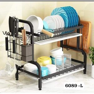 🍊UPGRADE YOUR KITCHENORGANIZATION🍊Metallic 2 Layers Dishrack.Heavy carbon steel metal tier dish rack with cutlery & chopping board holders. Anti rust for kitchen utensils in an elegant all-black des