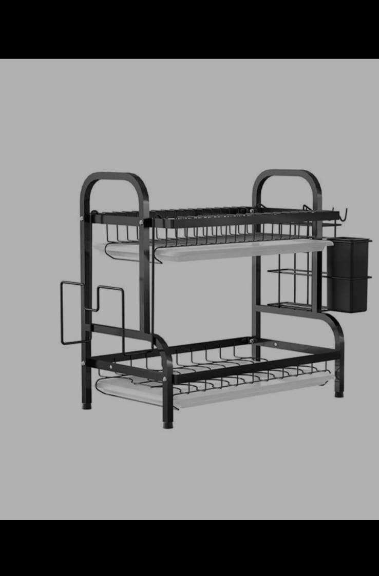 🍊UPGRADE YOUR KITCHENORGANIZATION🍊Metallic 2 Layers Dishrack.Heavy carbon steel metal tier dish rack with cutlery & chopping board holders. Anti rust for kitchen utensils in an elegant all-black des