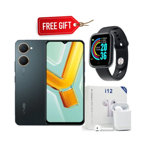 Vivo Y03 6.56" 64GB ROM+ 4GB RAM (Upto 8GB RAM) 5000mAh (Dual sim) 13MP Cam - Black + Smart watch+Earpods
