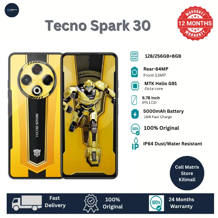Limited Edition!! TECNO SPARK 30 TRANSFORMERS BUMBLEBEE 256GB +8(4+4)GB 120Hz 6.6" Dynamic Port 50MP Dual Speakers 7.8mm Ultra Slim 5000mAh 18W Type-C Dual SIM 4G Smart Phones Side Fingerprint phone