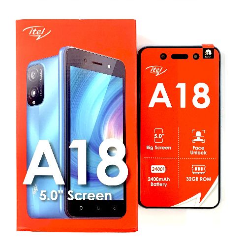 (OFFER) ORIGINAL ITEL A18 5.0" SCREEN DISPLAY FACE UNLOCK DURABLE BATTERY 2400 MAH 32GB ROM+1GB RAM DUAL SIM SMART PHONE SELFIE CAMERA 3G NETWORK SIM