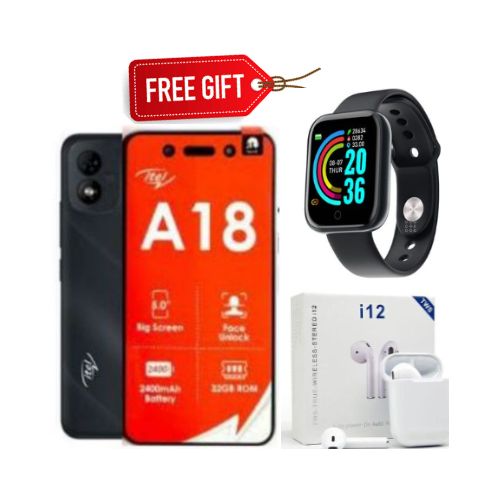 (OFFER) ORIGINAL ITEL A18 5.0" SCREEN DISPLAY FACE UNLOCK DURABLE BATTERY 2400 MAH 32GB ROM+1GB RAM DUAL SIM SMART PHONE SELFIE CAMERA 3G NETWORK SIM