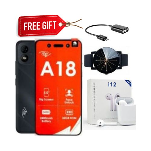 (OFFER) ORIGINAL ITEL A18 5.0" SCREEN DISPLAY FACE UNLOCK DURABLE BATTERY 2400 MAH 32GB ROM+1GB RAM DUAL SIM SMART PHONE SELFIE CAMERA 3G NETWORK SIM
