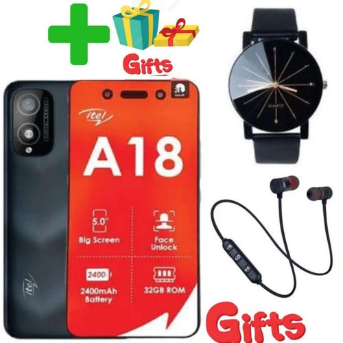 (OFFER) ORIGINAL ITEL A18 5.0" SCREEN DISPLAY FACE UNLOCK DURABLE BATTERY 2400 MAH 32GB ROM+1GB RAM DUAL SIM SMART PHONE SELFIE CAMERA 3G NETWORK SIM