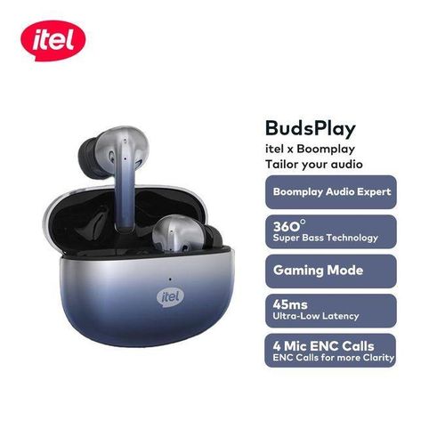 Itel BudsPlay BudsBass 4 mic ENC 45ms ultra low latency game mode earbuds now available.Has a superb bass system .can withstand power for a long period of time upto 2 weeks standby