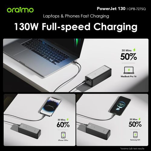 Oraimo PowerJet 130 27600mAh 130W Power Bank, Ultra Fast Charging Laptop Charger, USB-C PD, Smart Display, Multi Device Portable Charger Kenya