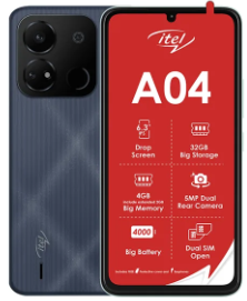 Brand New ITEL A04 2GB Ram + 32GB Rom Battery 4,000 mAh Camera 5 MP + QVGA Selfie 5 MP Display 6.3 inches OS Android 12 Processor Quad-core Colors Sandstone Black, Violet, Lake Cyan