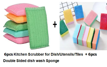 Kitchen sponge / scrubber cleaning tool 6PCS Sponge Scouring Pads Dish Washing Cleaning Scrubber + 6Pcs Double Side Dishwashing Sponge / Scrubber Dish MULTIPURPOSE for tiles,bathroom kitchen sufuria