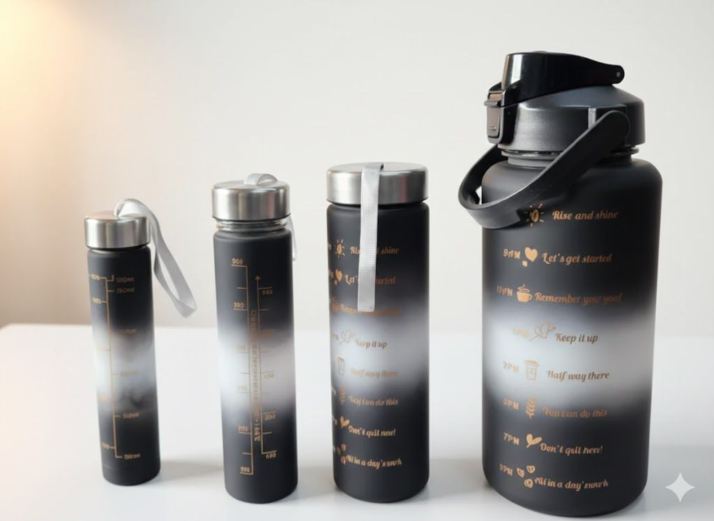 Motivational water Bottle 4 in 1 with time stamps leak proof cup with starw and safety lock adjustable strap Made of food grade plastic botttle and Silicone straw convenient for drinking water