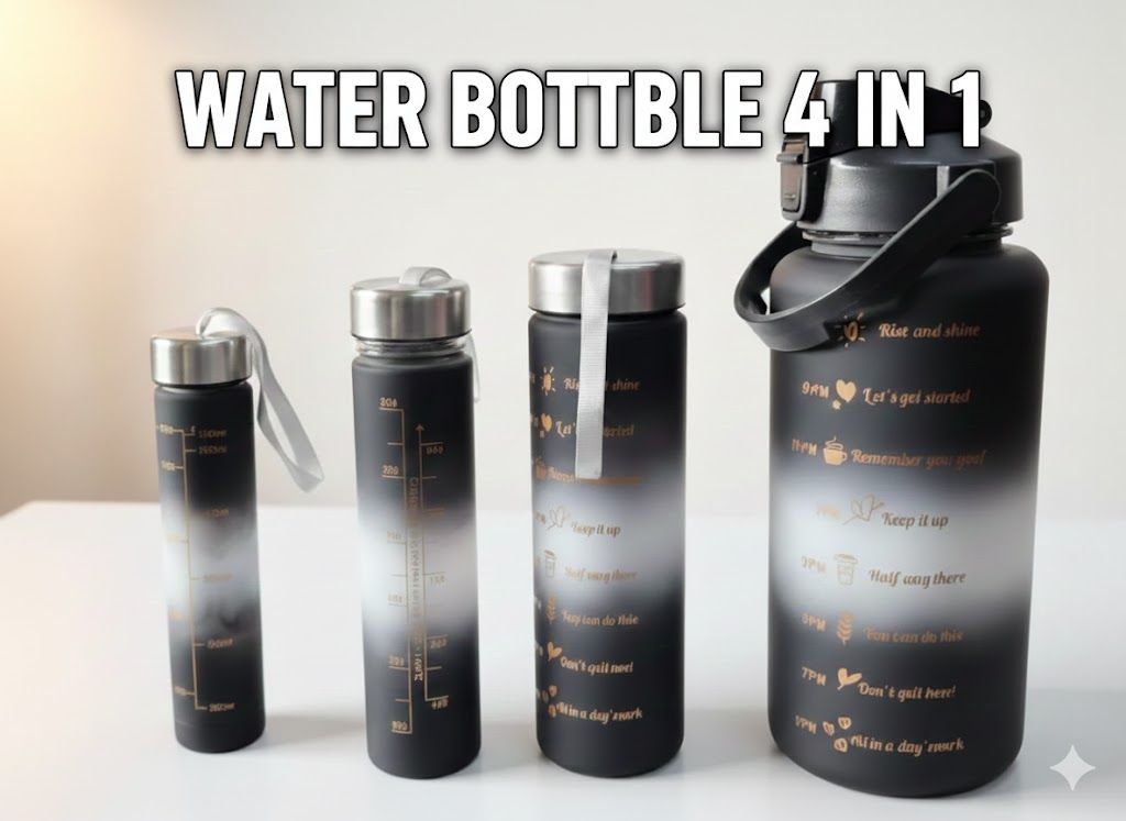 Motivational water Bottle 4 in 1 with time stamps leak proof cup with starw and safety lock adjustable strap Made of food grade plastic botttle and Silicone straw convenient for drinking water