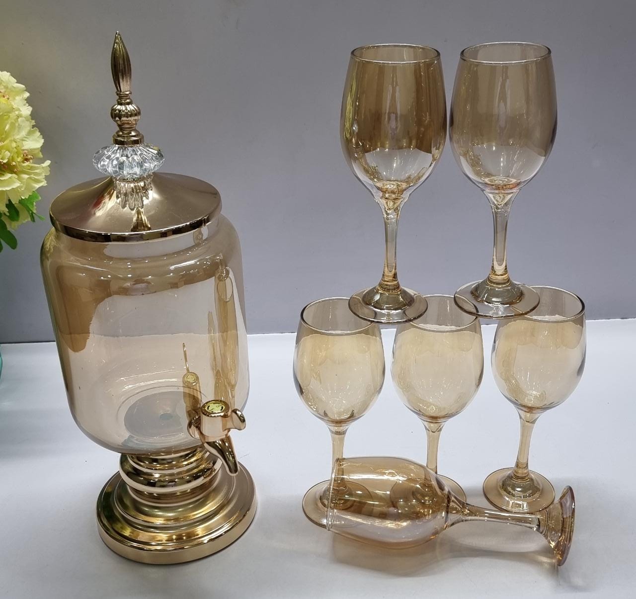 High quality heavy exquisite 7pc wine/juice dispenser +6heavy fancy glasses
