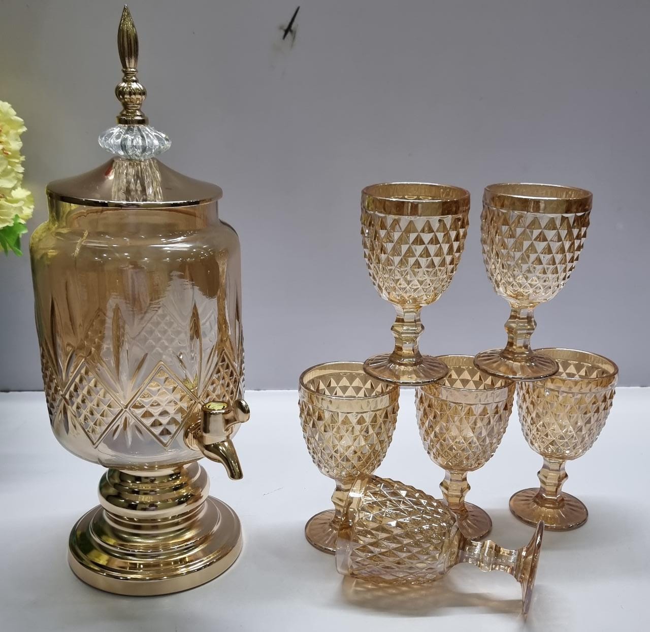 High quality heavy exquisite 7pc wine/juice dispenser +6heavy fancy glasses